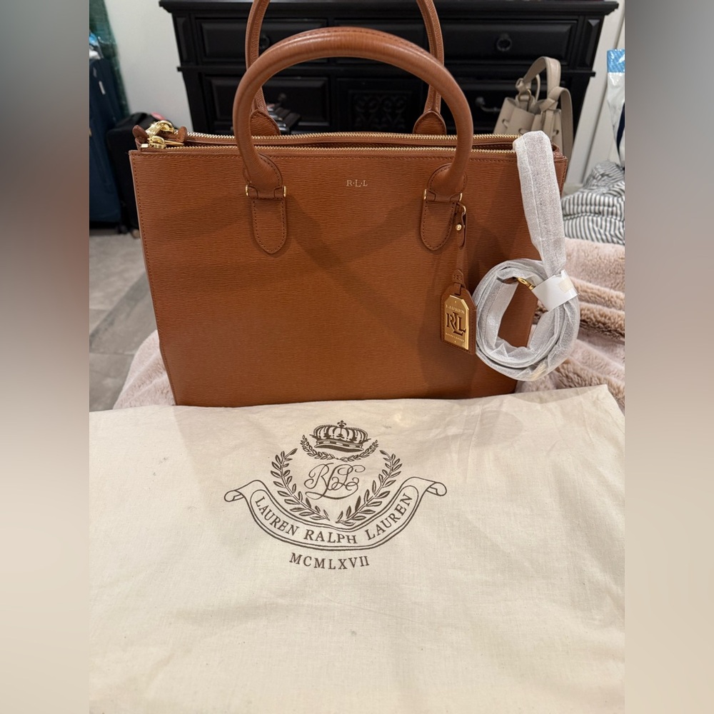 Lauren Ralph Lauren Tan Leather Satchel with Gold Hardware